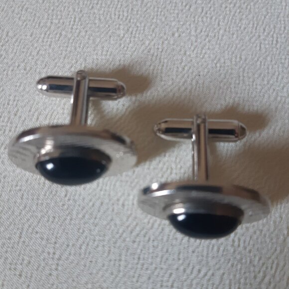 1960s Anson Black Onyx Cuff Links Textured Silver Tone Metal Vintage - Picture 5 of 10